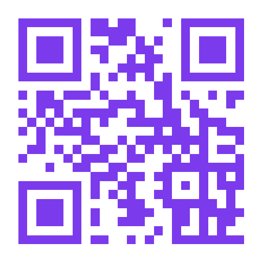 Purple QR code for makeqrco.de on a white background